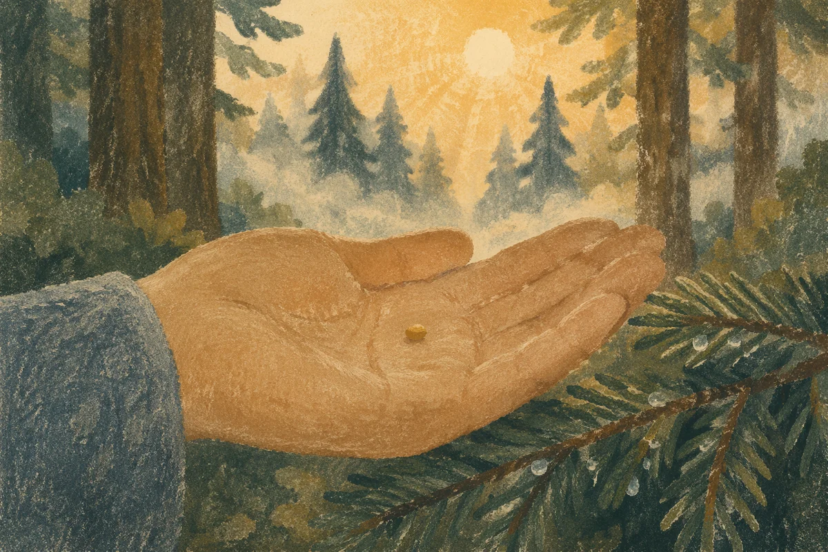 Mustard Seed in Palm by Evergreen Branch