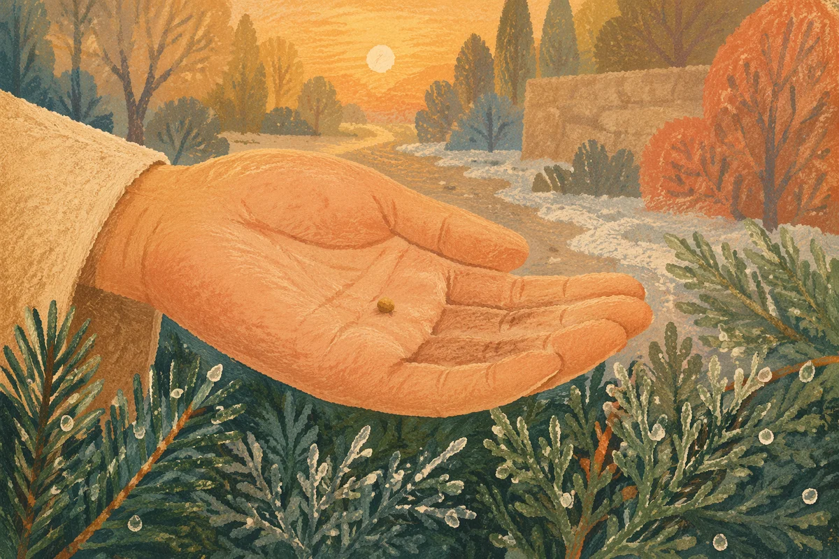 Mustard Seed in Palm Among Evergreens