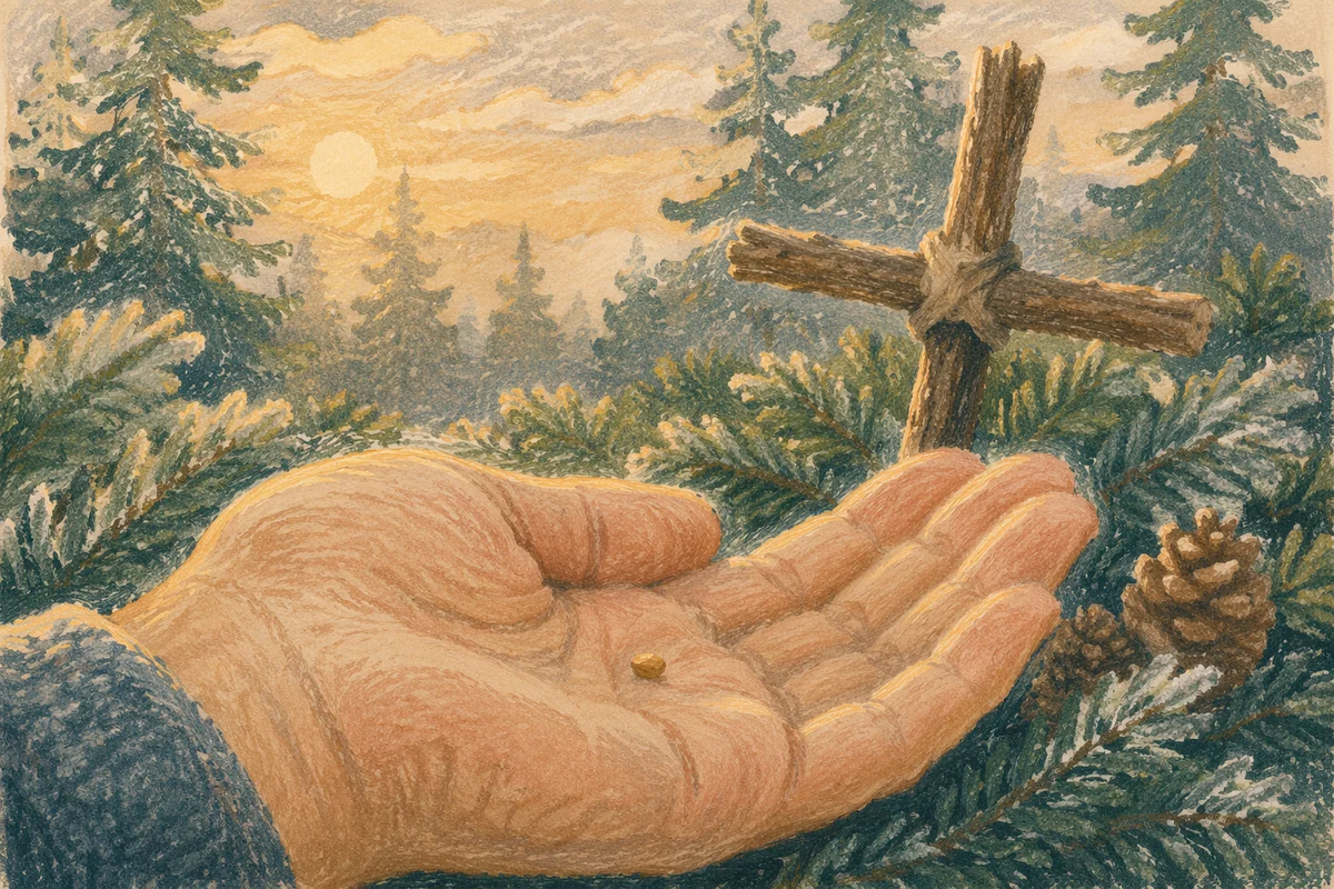 Mustard Seed in Hand with Evergreen Cross
