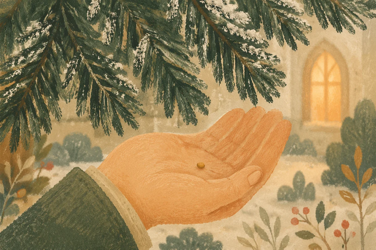 Mustard Seed in Hand Beneath Evergreen