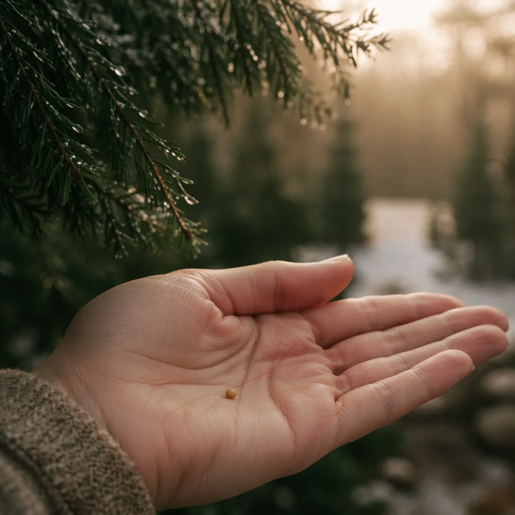 Mustard Seed in Palm Beneath Evergreen