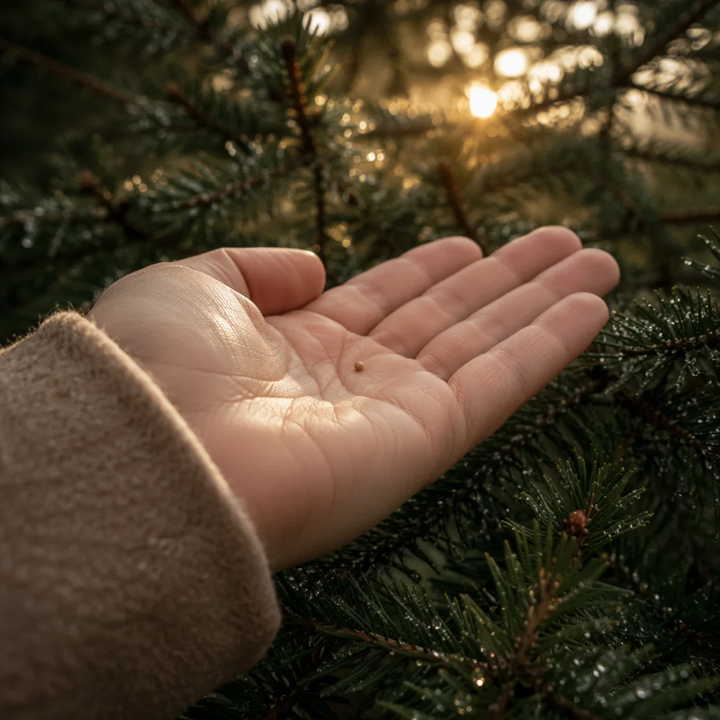 Mustard Seed in Hand Among Evergreens