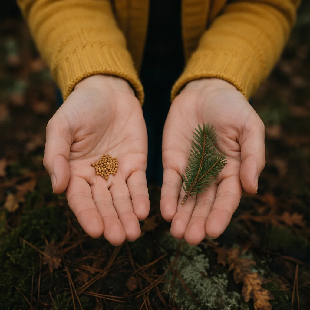 Mustard Seeds and Evergreen Sprig in Hands