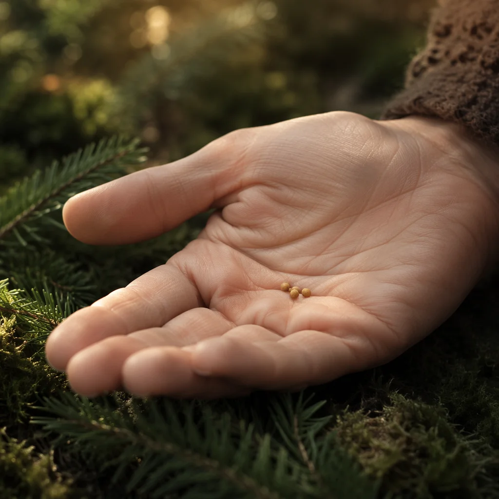 Mustard Seeds in Palm Among Evergreens