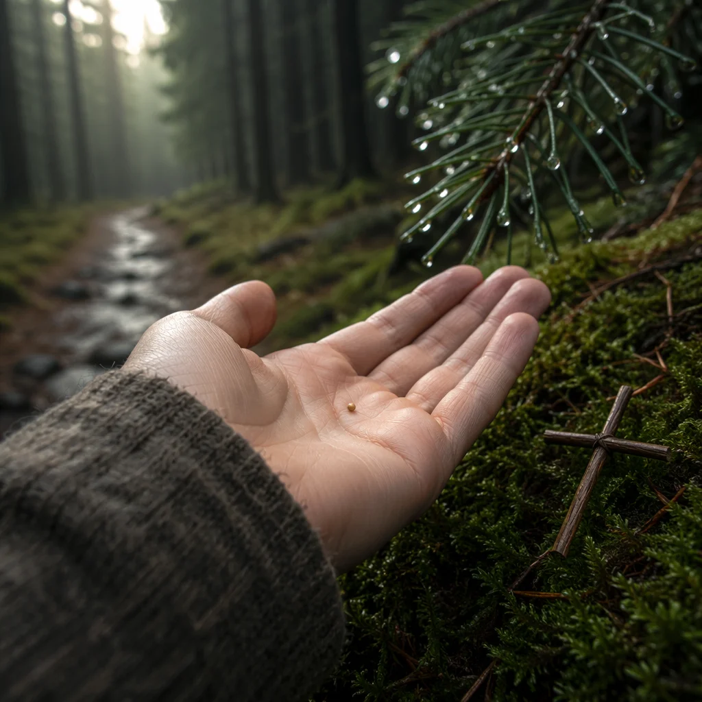 Mustard Seed in Palm on Evergreen Path