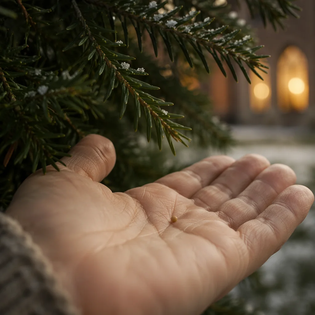 Mustard Seed in Palm Beneath Evergreen