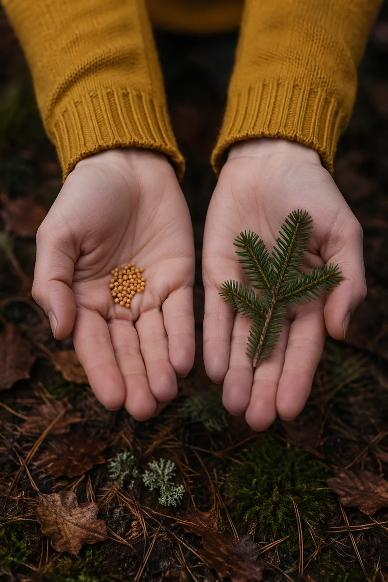 Mustard Seeds and Evergreen Sprig in Hands