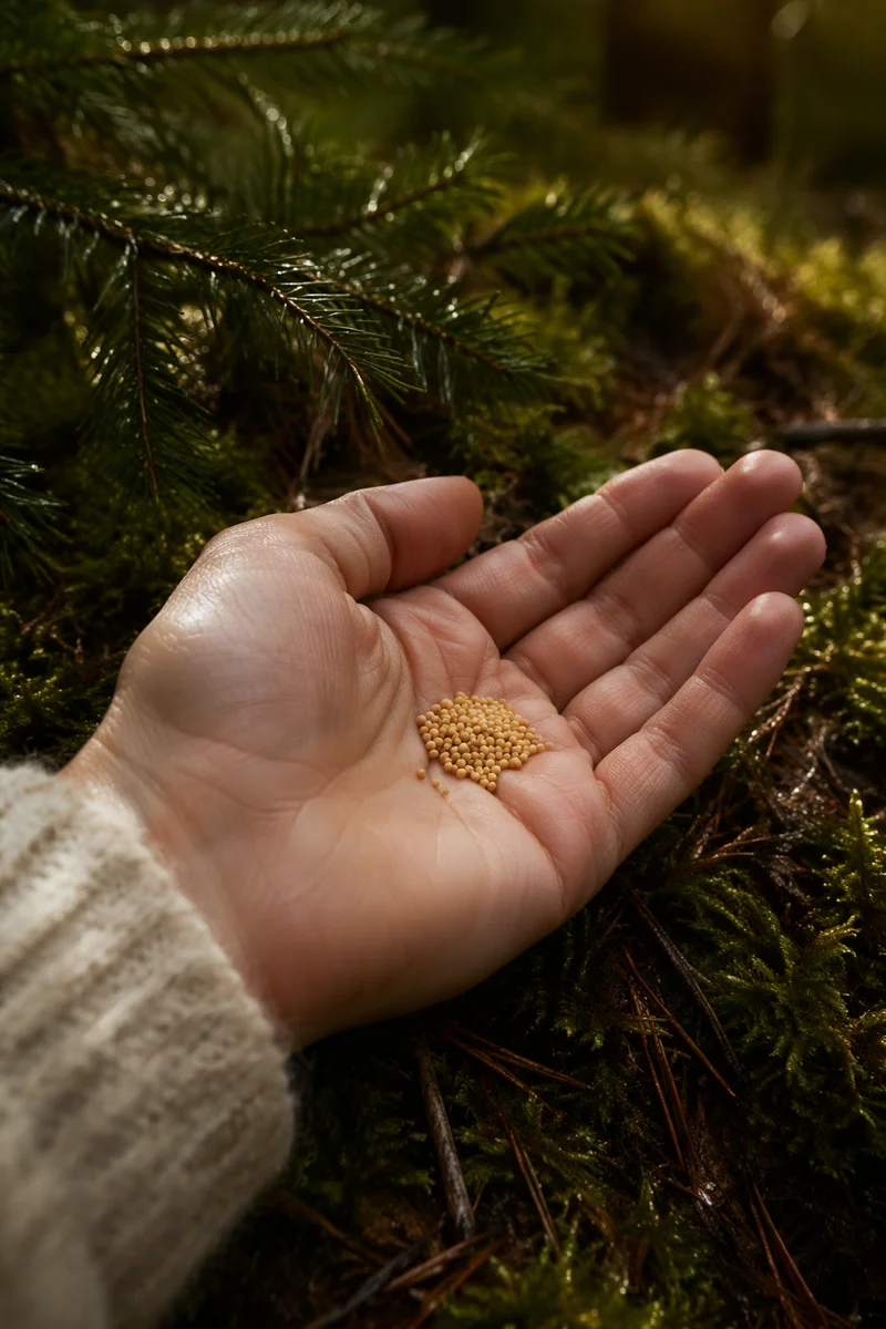 Mustard Seeds in Palm by Evergreen Forest