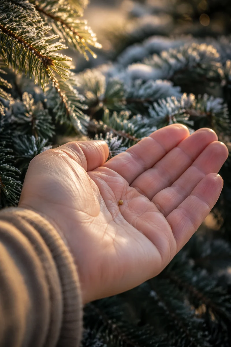 Mustard Seed in Hand Among Evergreens