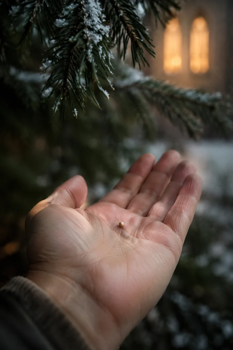 Mustard Seed in Palm Beneath Evergreen Branches