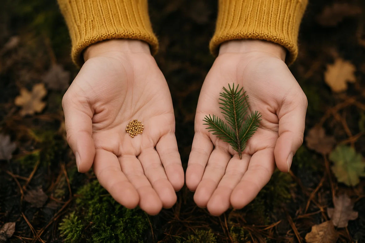 Mustard Seeds and Evergreen Sprig in Hands