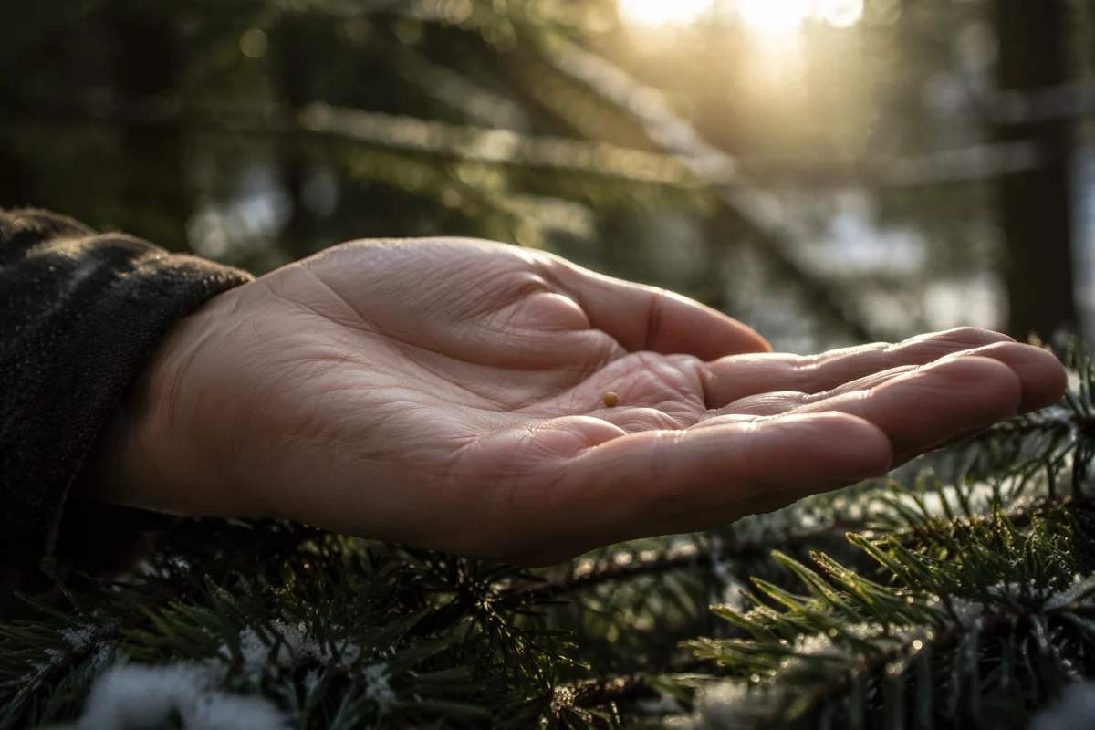 Mustard Seed in Hand Over Evergreens
