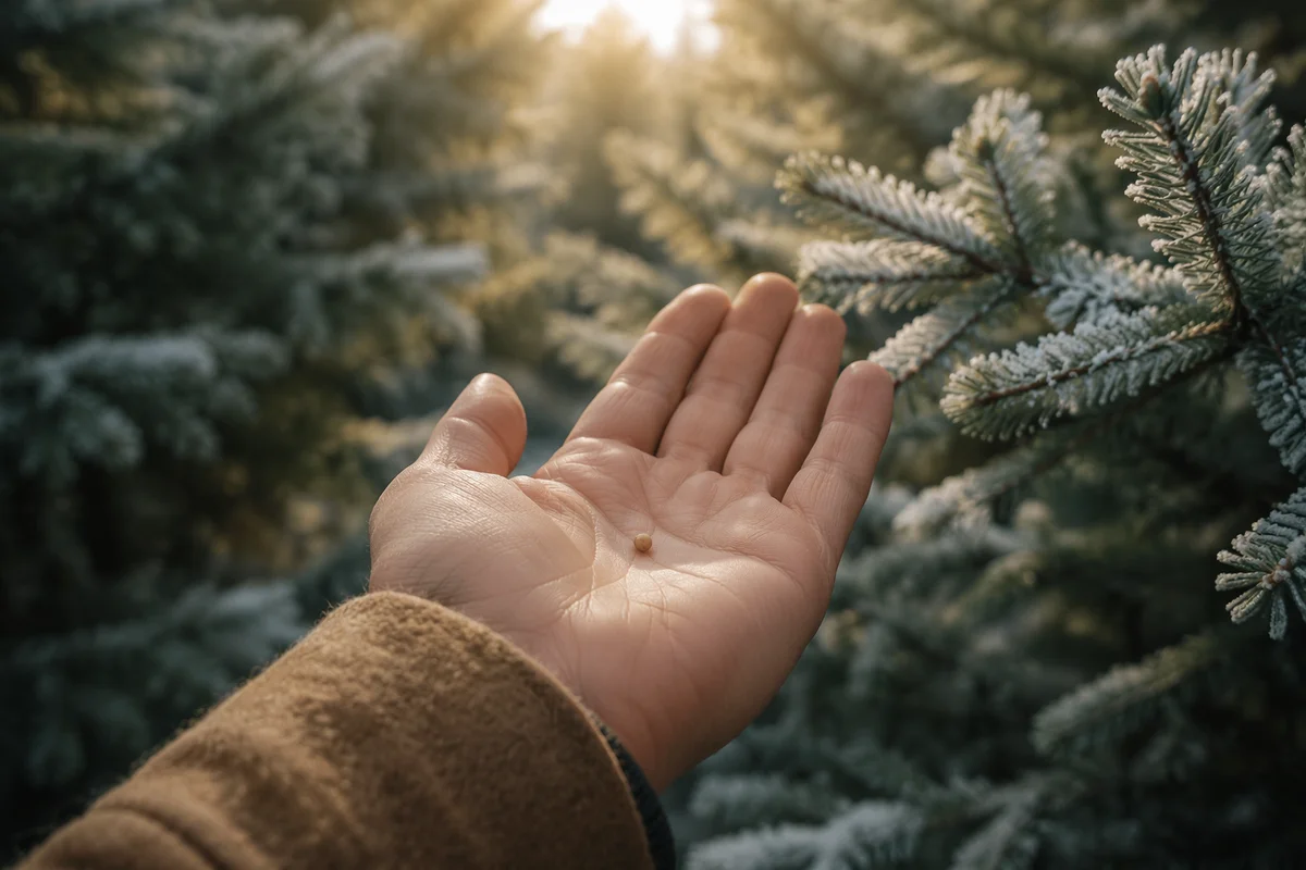 Mustard Seed in Hand Amid Evergreens