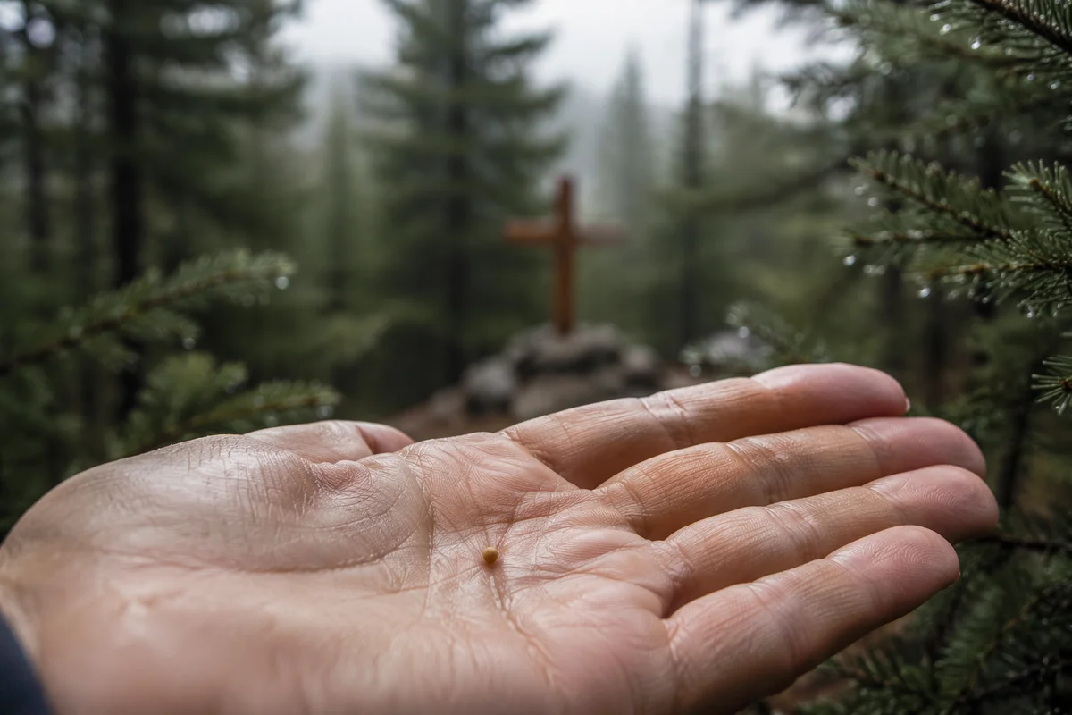 Mustard Seed in Hand Among Evergreens