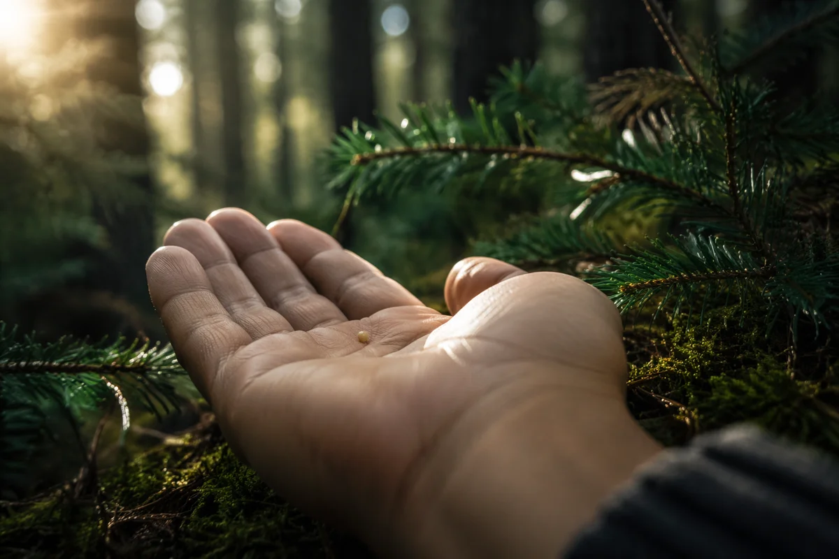Mustard Seed in Hand Among Evergreens