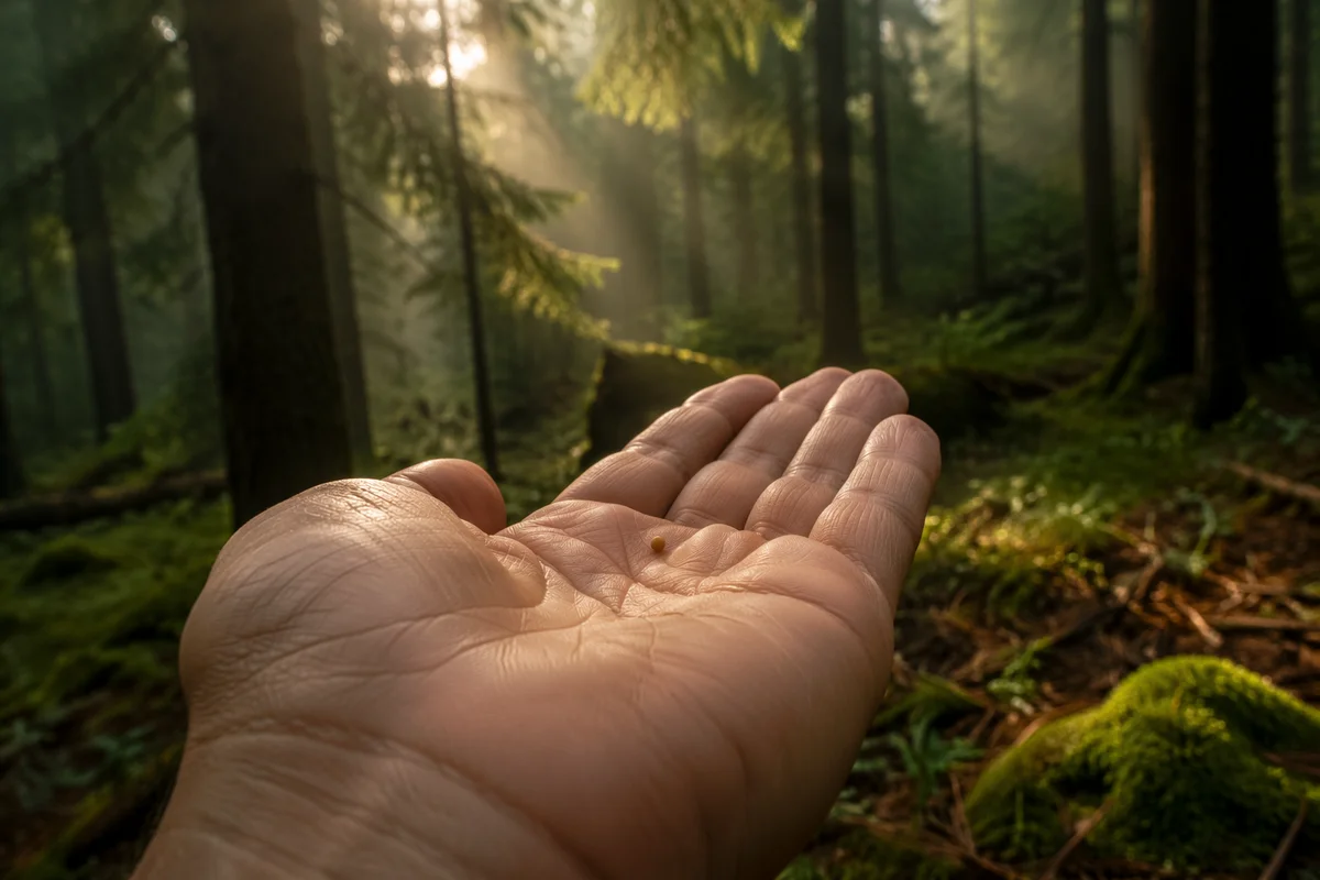 Mustard Seed in Hand Among Evergreens
