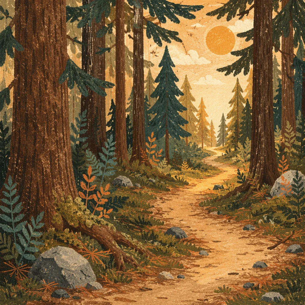 Narrow Evergreen Path Toward Golden Light