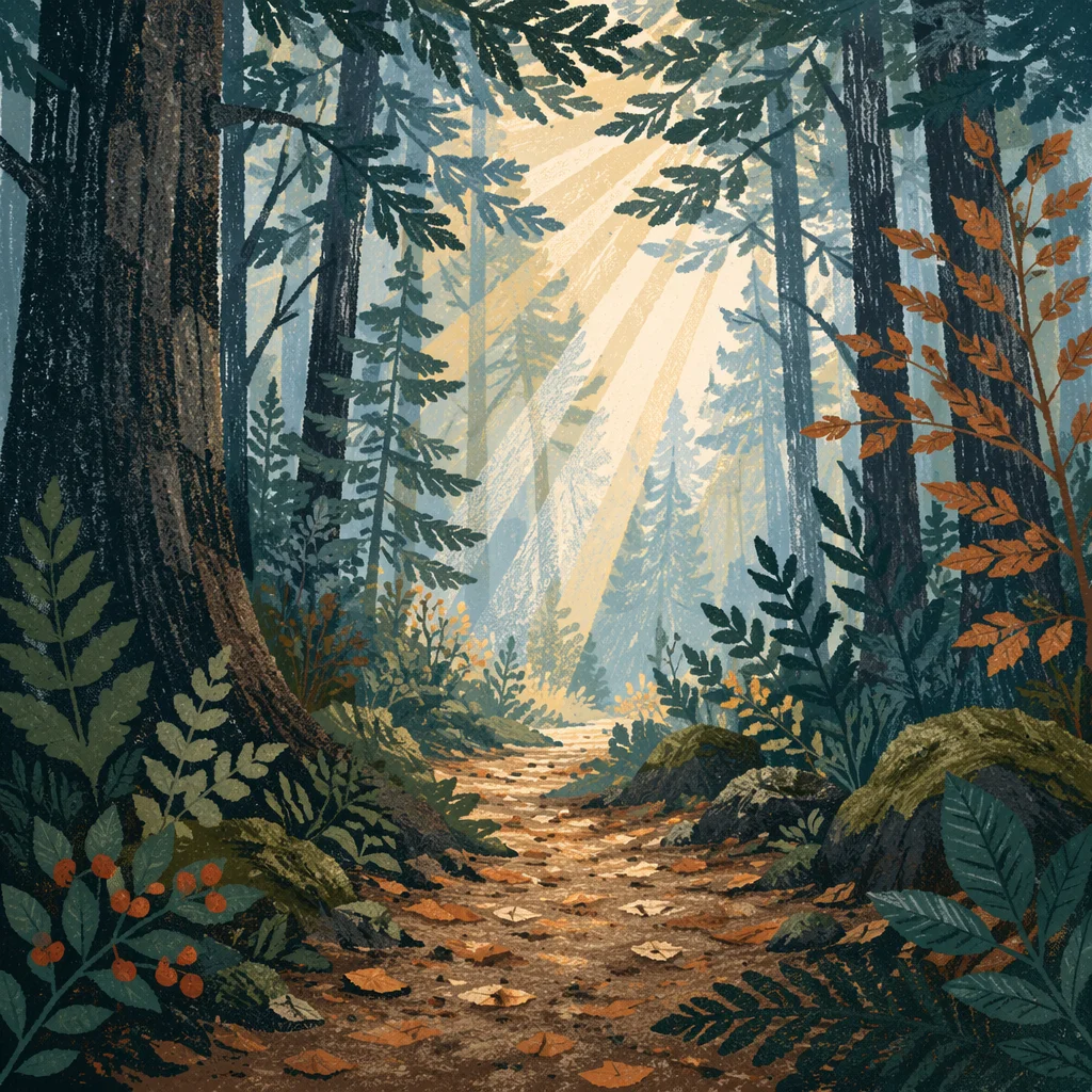 Narrow Evergreen Path Toward Morning Light