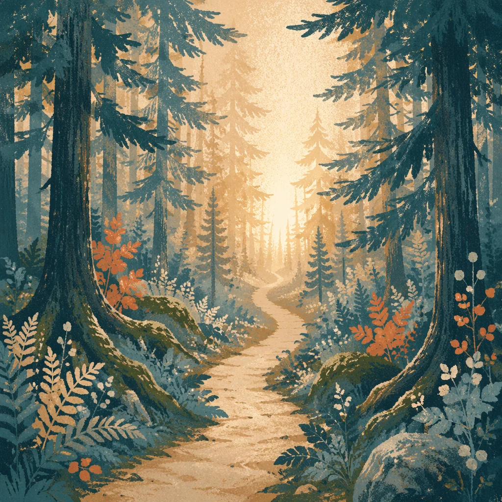 Narrow Evergreen Path Toward Golden Light
