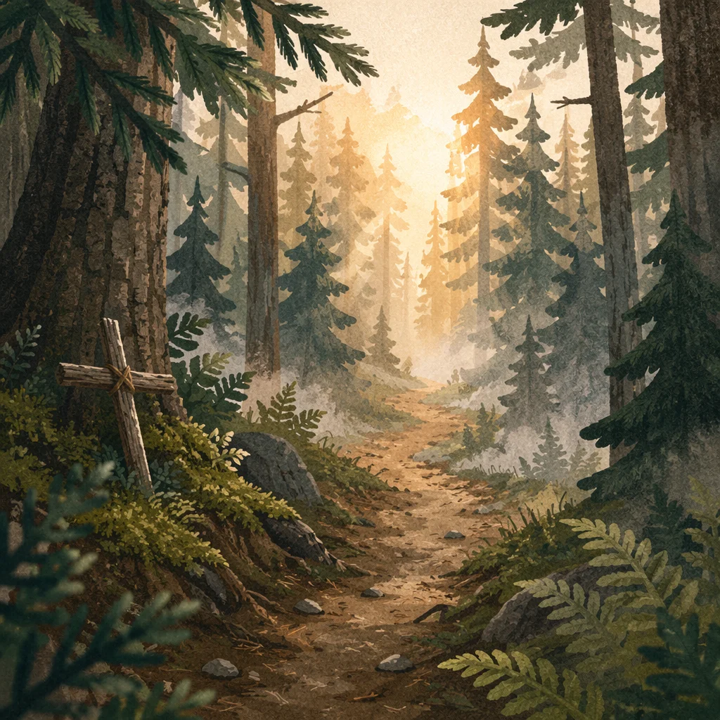 Narrow Evergreen Path Toward Morning Light