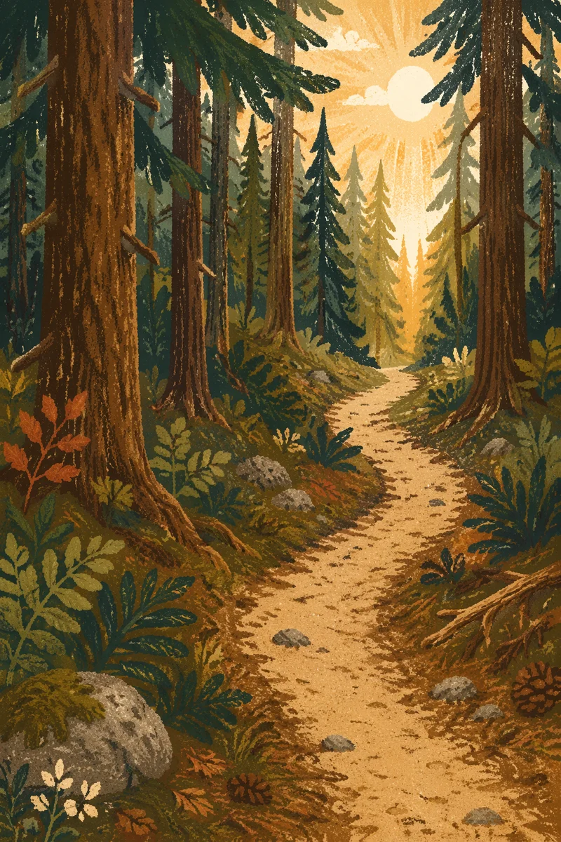 Narrow Forest Path Toward Sunlit Hope