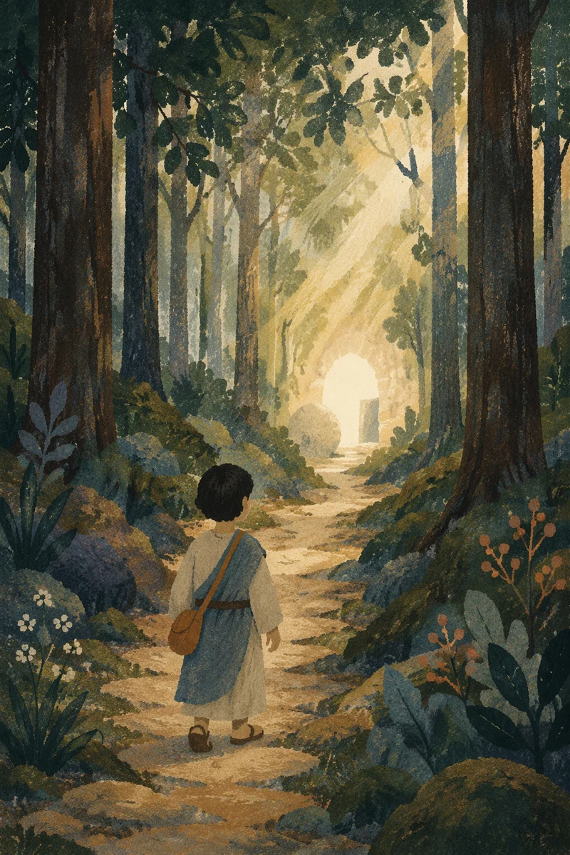 Narrow Evergreen Forest Path Toward Light