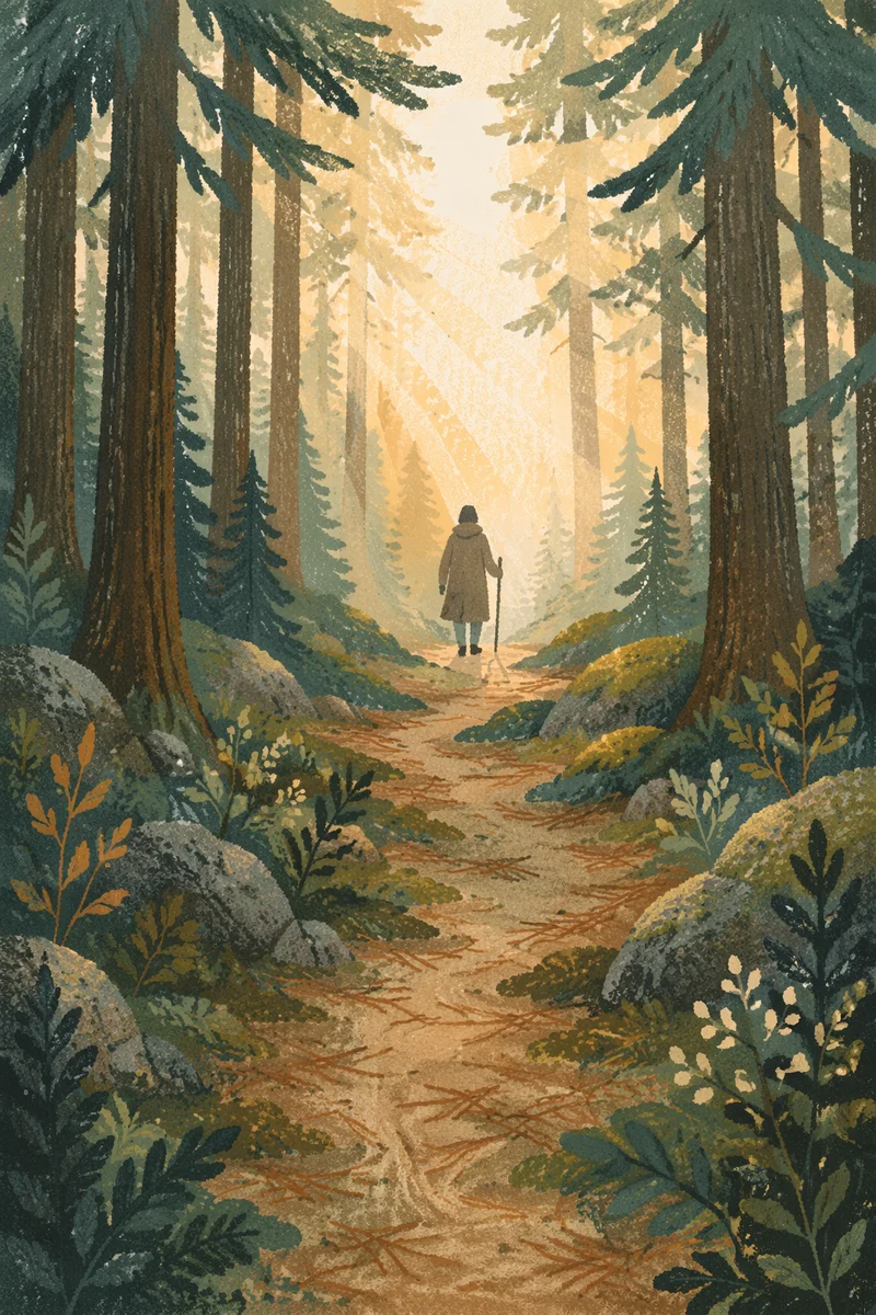 Narrow Evergreen Path Toward Morning Light