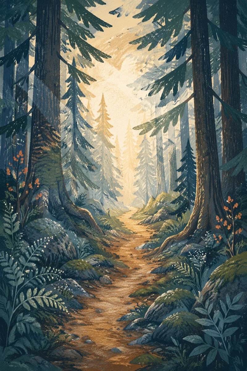 Narrow Evergreen Path Toward Morning Light