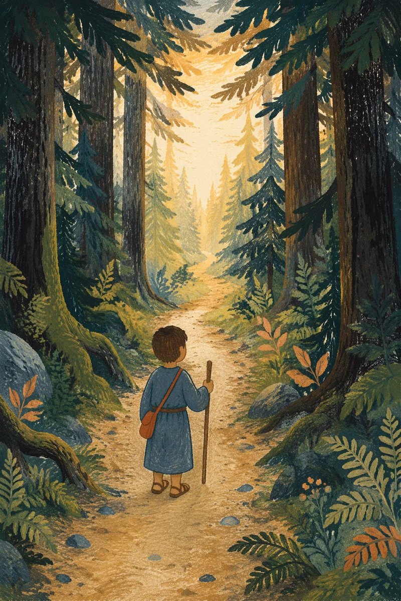 Narrow Evergreen Path Toward Golden Morning Light