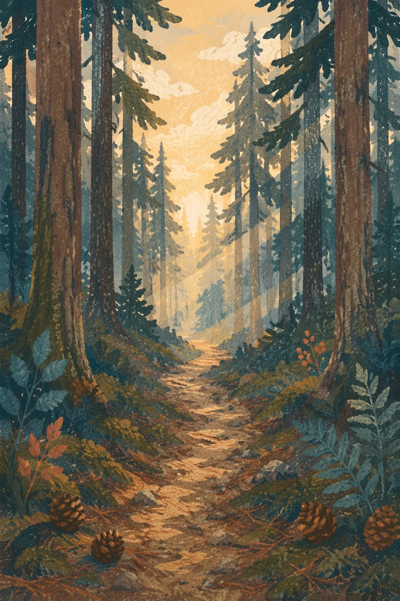Narrow Forest Path Toward Morning Light