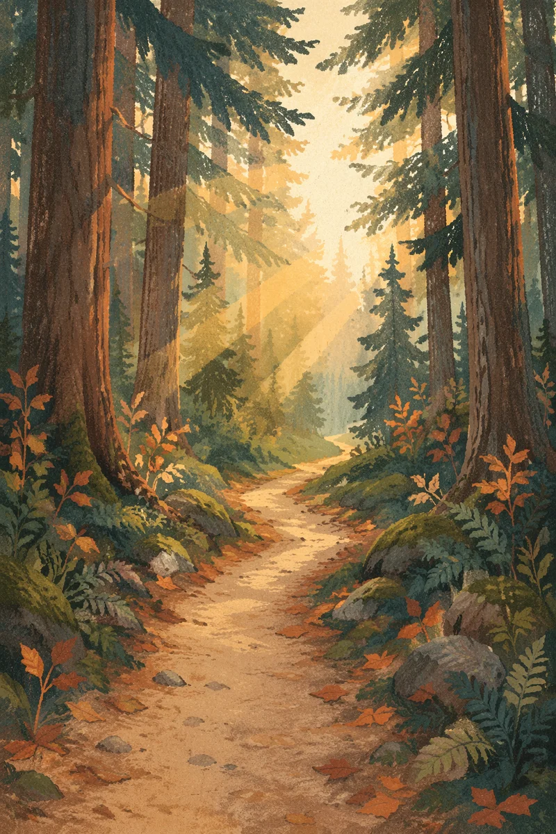 Narrow Forest Path Toward Morning Light