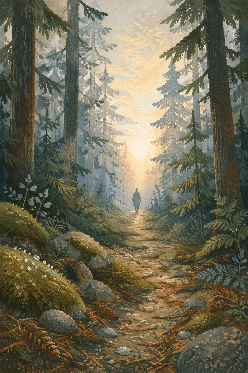 Narrow Evergreen Path Toward Morning Light