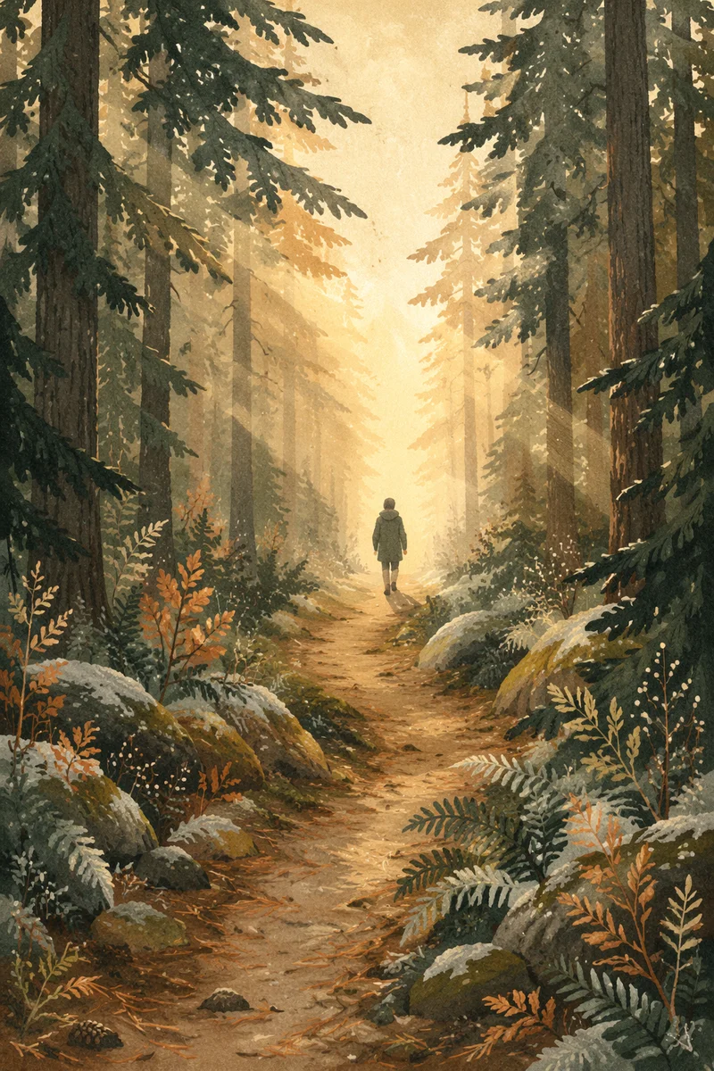 Narrow Evergreen Path Toward Golden Light