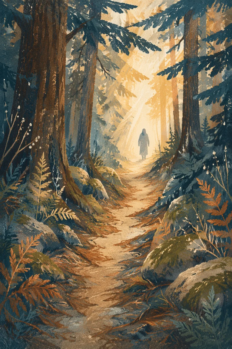 Narrow Evergreen Path Toward Morning Light
