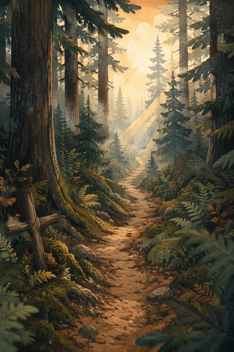 Narrow Evergreen Path Toward Morning Light