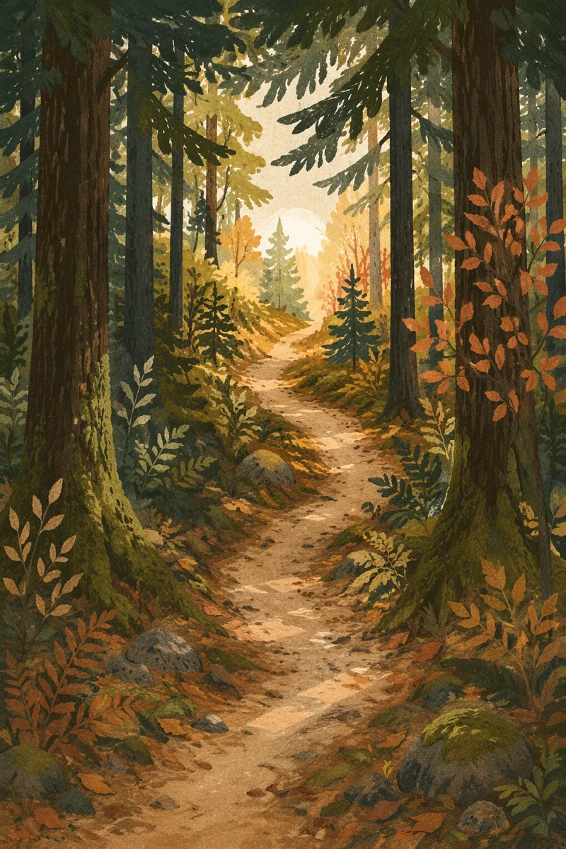 Narrow Forest Path Toward Golden Light