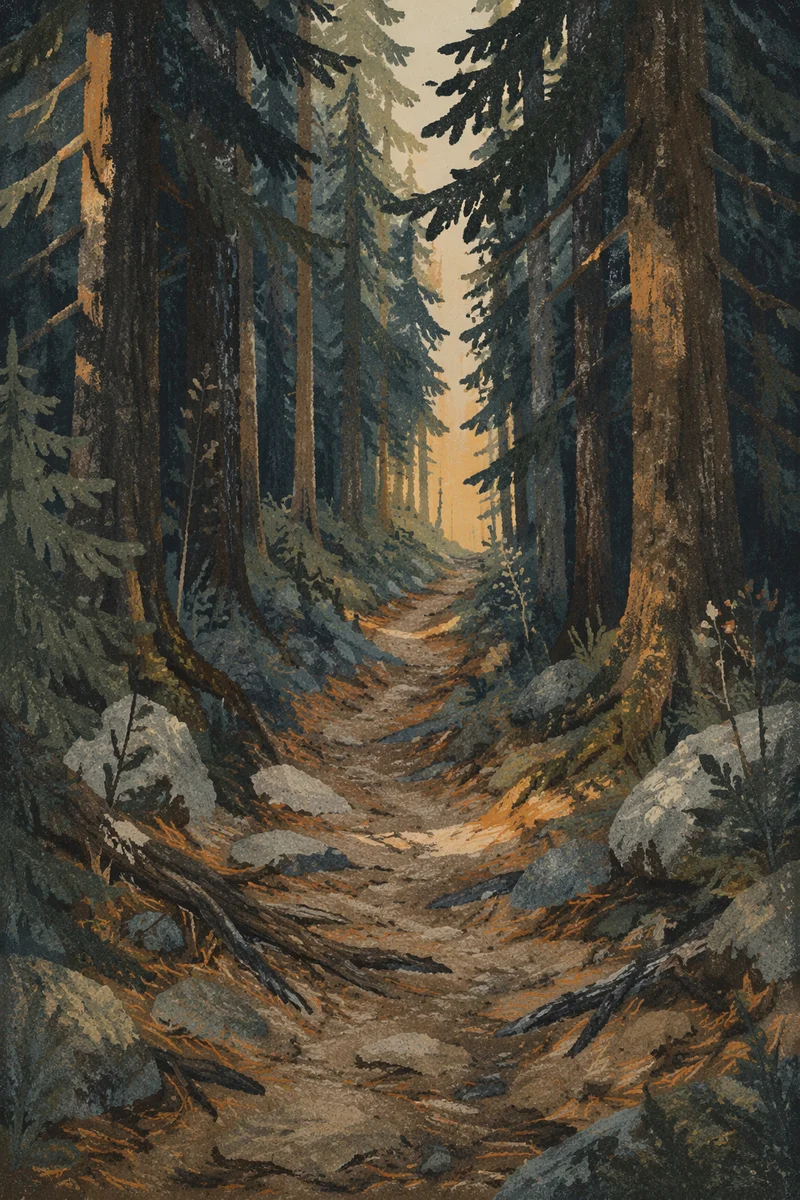 Narrow Evergreen Path Toward Golden Light
