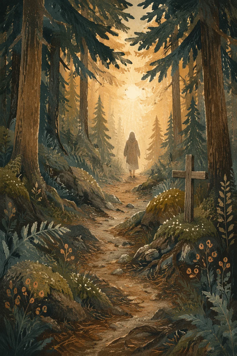 Narrow Evergreen Path Toward Morning Light