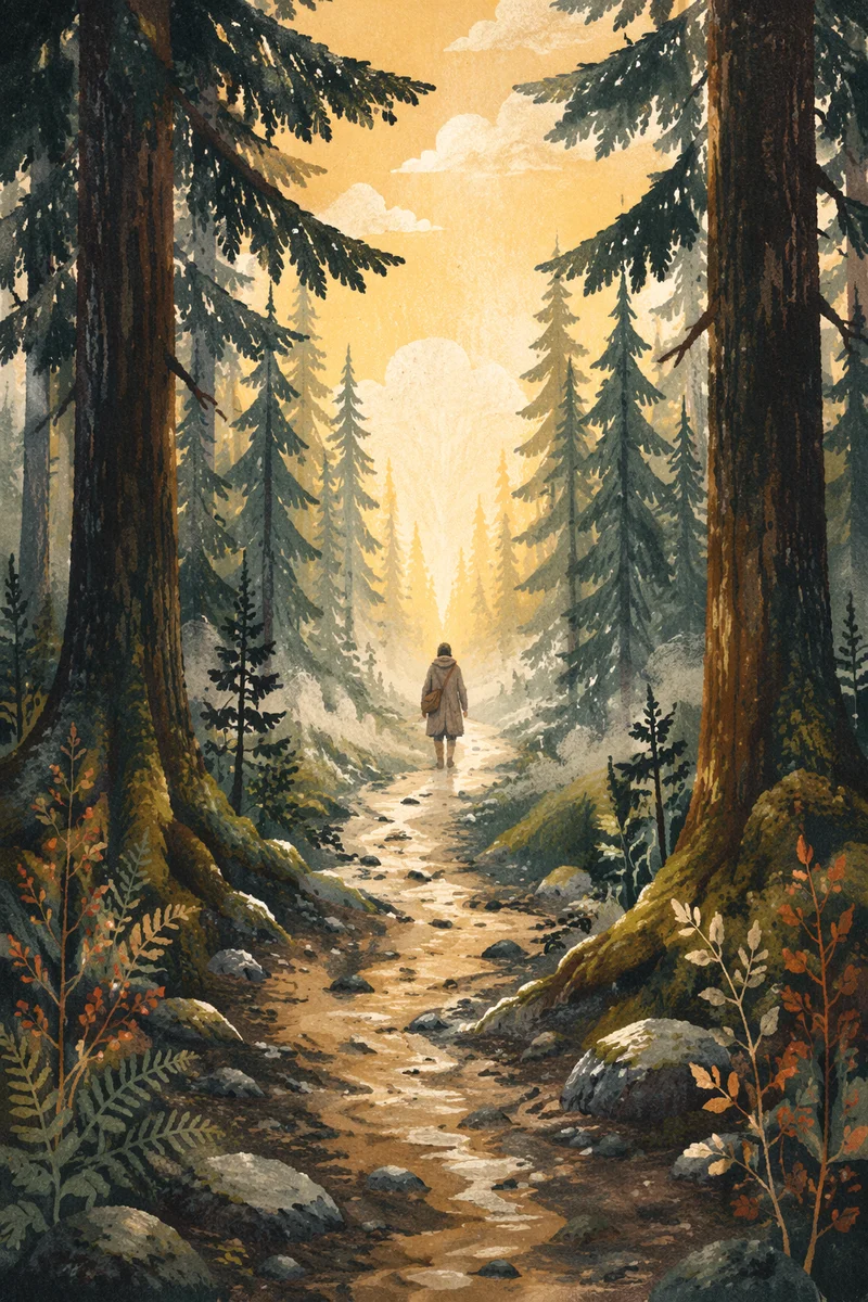 Narrow Evergreen Path Toward Golden Light