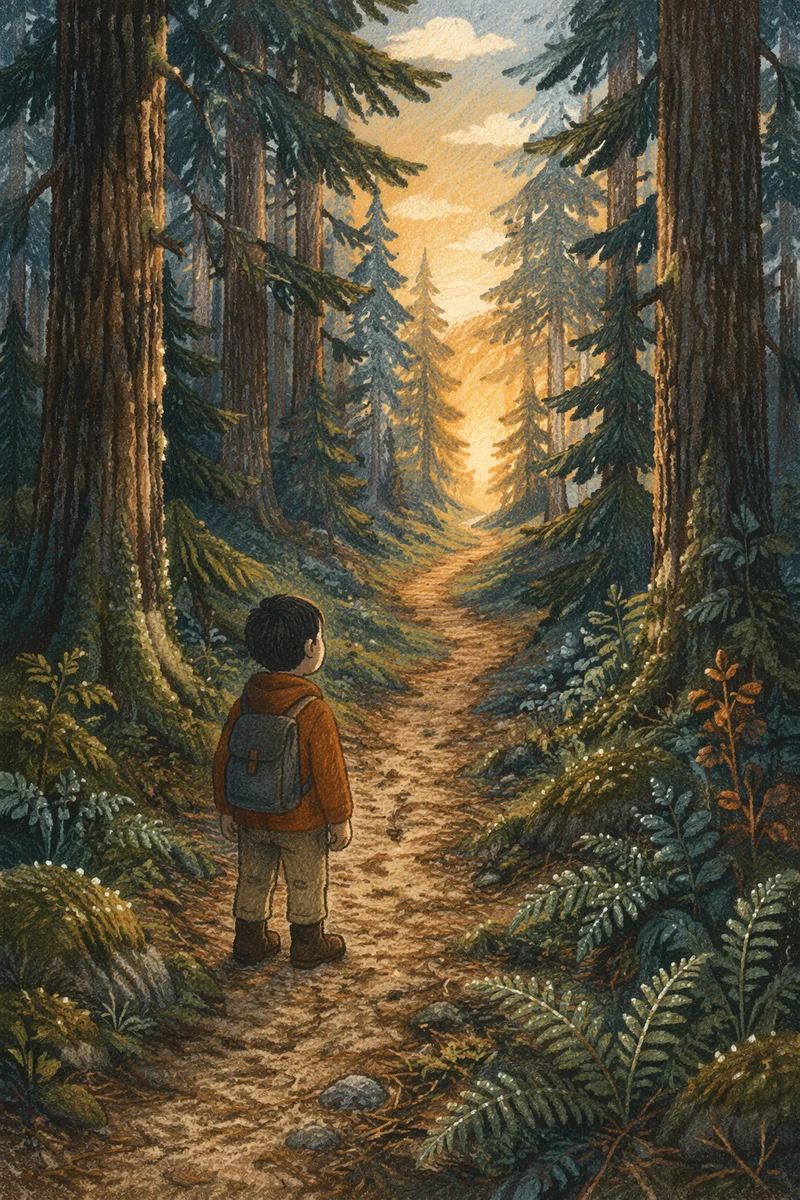 Narrow Evergreen Path Toward Morning Light