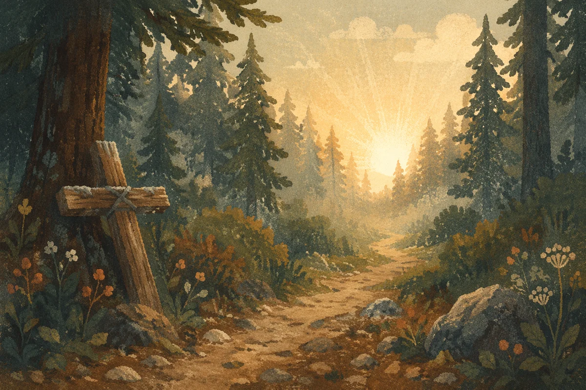 Narrow Evergreen Path Toward Morning Light