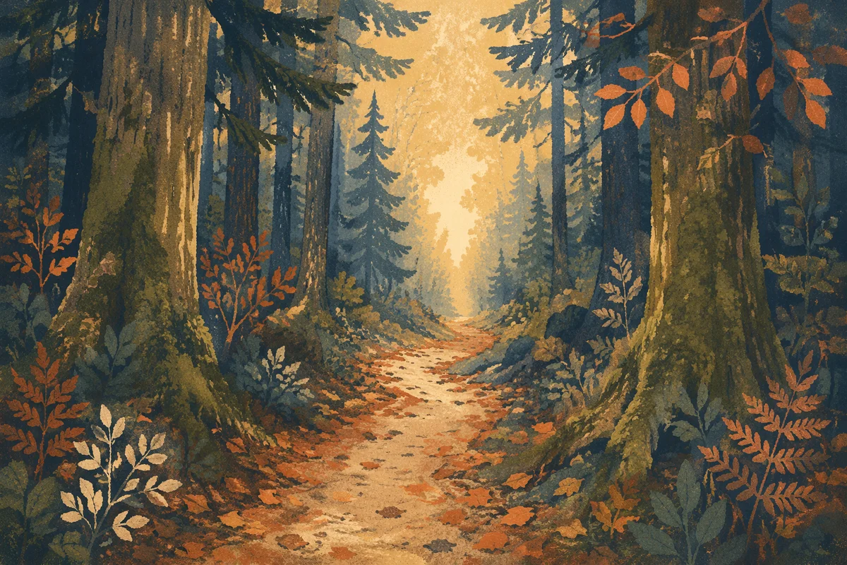 Narrow Forest Path Toward Golden Light