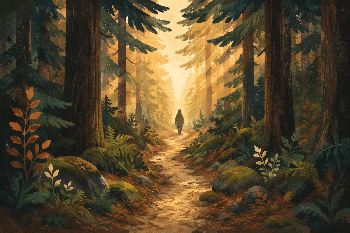 Narrow Forest Path Toward Morning Light
