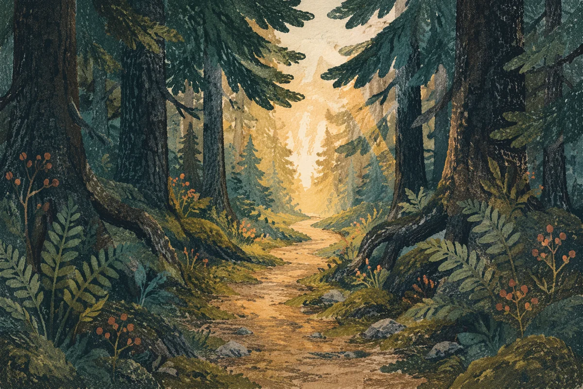 Forest Path Toward Golden Morning Light