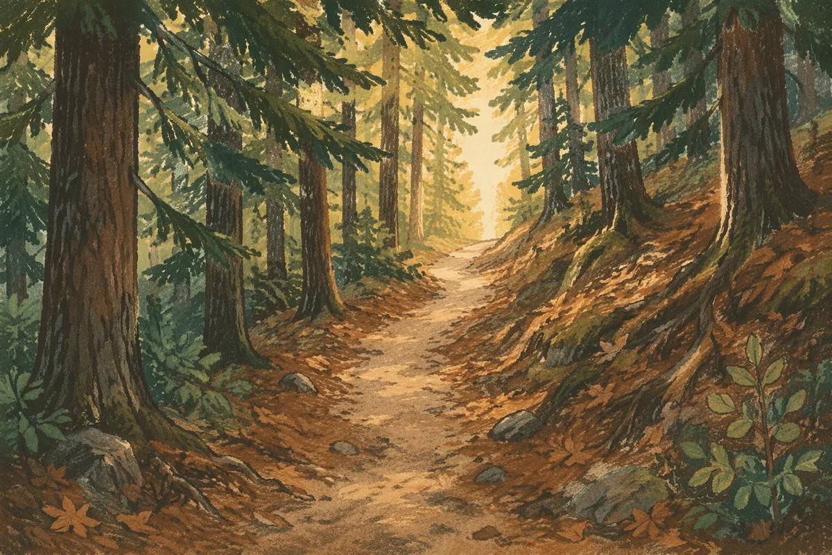 Narrow Forest Path Toward Morning Light