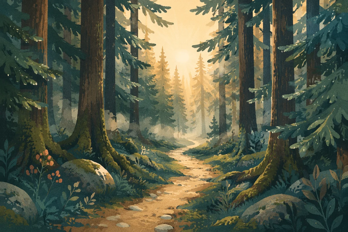 Narrow Evergreen Path Toward Morning Light