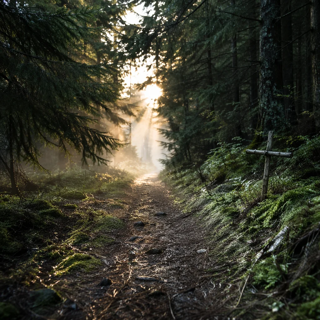 Narrow Forest Path Toward Morning Light