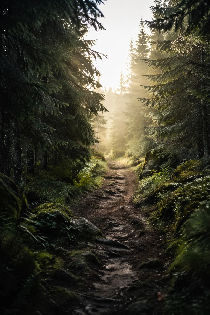Narrow Evergreen Path Toward Morning Light