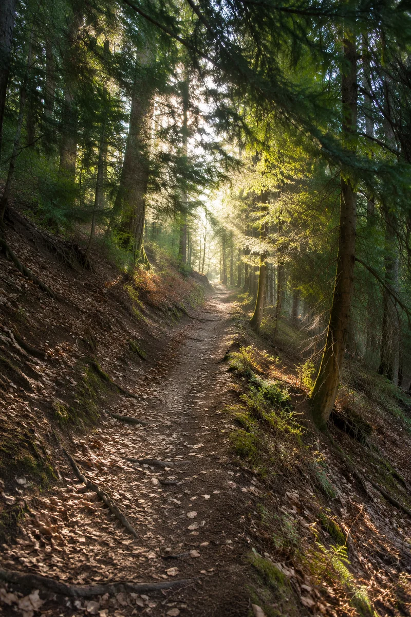 Narrow Forest Path Toward Morning Light