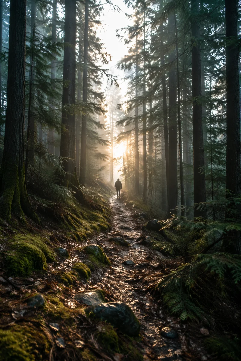 Narrow Evergreen Path Toward Morning Light